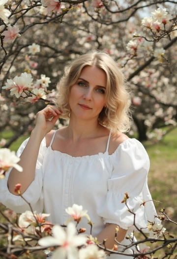 На снимке изображена женщина, одетая в белое платье с объемными рукавами-воланами, посреди раскидистого цветущего дерева магнолии с бело-розовыми цветами. Волосы уложены в аккуратные волны, макияж легкий. Цветовая палитра яркая и сочная. Солнечные лучи создают игру света и теней. Она одной рукой нежно касается цветка. На переднем плане размытые очертания цветов. Фокус на лице и плечах