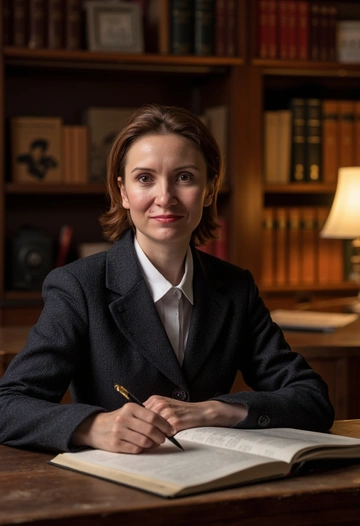 Женщина в стиле Dark Academia, одетая в темный твидовый пиджак и белую рубашку с классическим воротником, сидит за деревянным письменным столом в старинной библиотеке. На заднем плане видны полки с кожаными томами и мягкое теплое освещение лампы на столе. Женщина смотрит прямо в камеру, широко улыбается, её волосы аккуратно уложены, макияж выдержан в естественных тонах. Кадр сделан в полупрофиль с акцентом на выражение лица и атмосферу уюта и интеллекта.