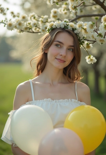 Женщина в белом платье и с венком из одуванчиков на голове стоит у яблони в цвету. Она держит в руках воздушные шары и смотрит в сторону с лёгкой улыбкой. Крупный план, подчёркивающий беззаботность и майское настроение.