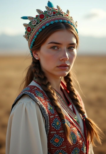 Женщина в казахском головном уборе саукеле и длинном платье с вышивкой стоит на фоне бескрайней степи. Её взгляд серьёзен и спокоен, волосы убраны, лицо подчёркнуто естественным светом. Крупный план, акцент на орнаменте и национальной гордости.