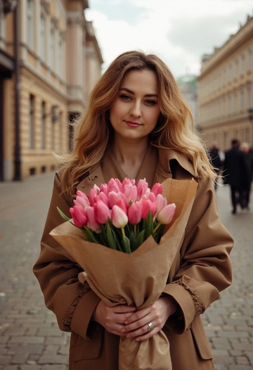 Фотосессия в Санкт-Петербурге на фоне старинной архитектуры города. Одежда: цвета хаки trench coat с черными пуговицами, белая рубашка. Прическа: объемные волны. Освещение теплое, с мягким фокусом, что придает образу мечтательное качество. Цветовая палитра теплая и насыщенная. Закатное солнце. Фотография снята снизу вверх, создавая эффект возвышенности и значимости фигуры. Женщина занимает большую часть кадра, а фон состоит из неба и старинной архитектуры Санкт-Петербурга. Она держит в руках большой букет розовых тюльпанов в крафтовой бумаге.